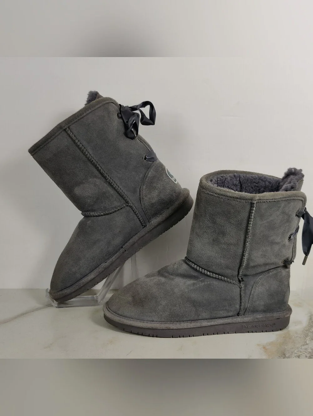 BearPaw Women's Grey Suede Tie Up Bow Winter Boots, Sz 10
